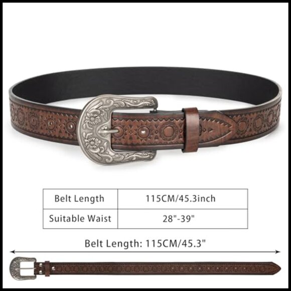 Vintage Western Belt Carved Buckle PU Leather Waist Accessory Chic Retro - Picture 2 of 7